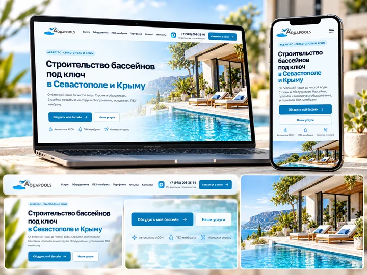 AQUAPOOLS — коллаж настольного и мобильного интерфейса