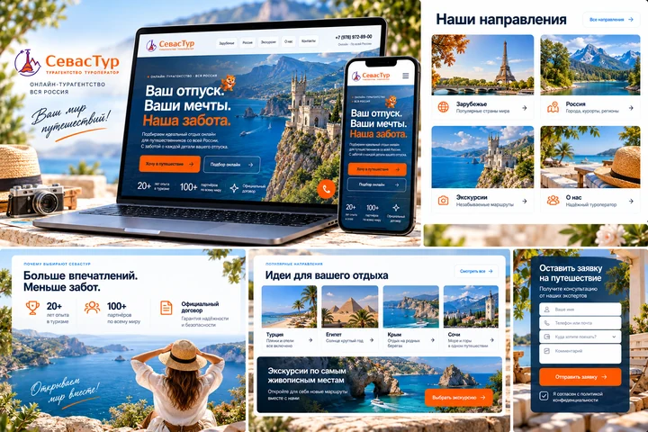 SevasTur — desktop and mobile interface collage